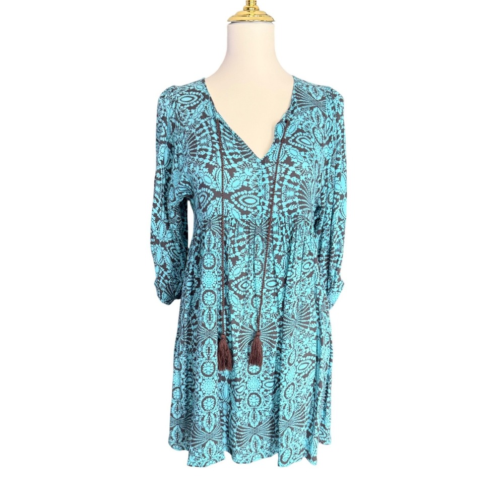 Umgee‎ USA Boho Turquoise Brown Medallion Tassel V-Neck Babydoll Mini Dress S